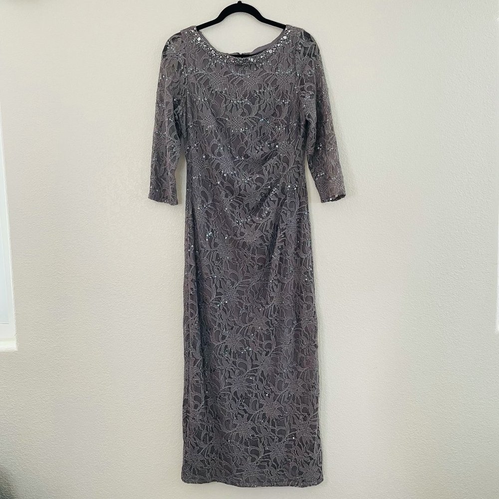Jessica Howard Womens Grey Long Wedding Mother Formal Sequin Lace Dress  Size: 1 - Picture 4 of 9